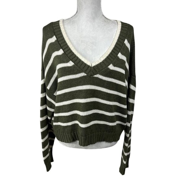 American Eagle Outfitters Sweaters - American Eagle Women's L Boxy Fit Sweater Olive Creme Striped
